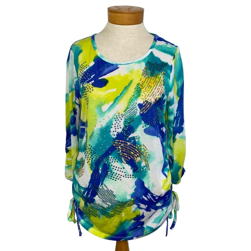 Thomas & Olivia Blouse Green Beaded Pullover Ruched Tie-dye Med.